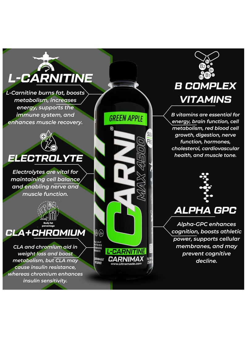 CARNIMAX 4500 L-CARNITINE  Green Apple - Maximum Fat Burn L-Carnitine with Electrolytes, CLA, Chromium, B Complex Vitamins & Alpha GPC - Zero Sugar, 500ml Pack of 12