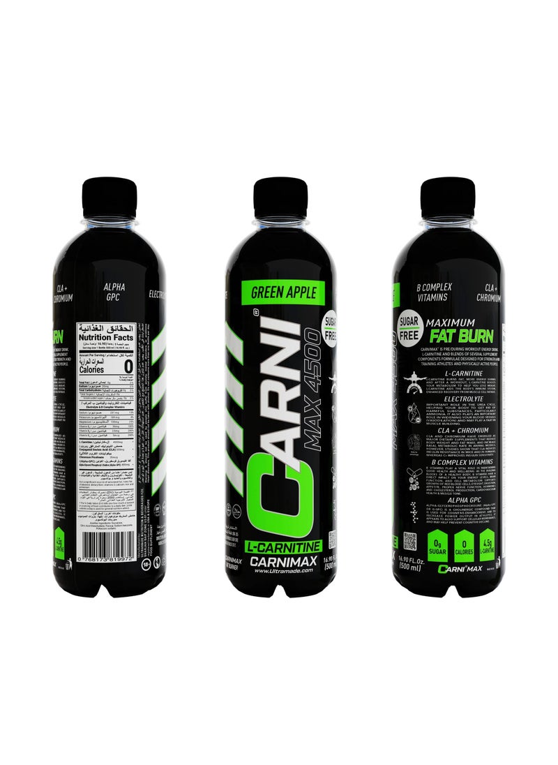 CARNIMAX 4500 L-CARNITINE  Green Apple - Maximum Fat Burn L-Carnitine with Electrolytes, CLA, Chromium, B Complex Vitamins & Alpha GPC - Zero Sugar, 500ml Pack of 12