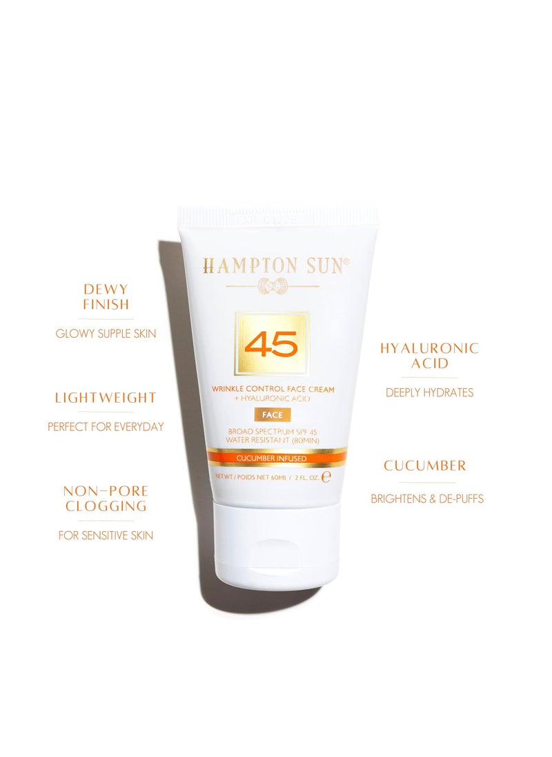 Hampton Sun SPF 45 Wrinkle Control Face Cream | Daily Moisturizer + Sunscreen | Plumps, Hydrates, Brightens with Hyaluronic Acid + Organic Cucumber Extract | Broad Spectrum | Glowy, Dewy Finish