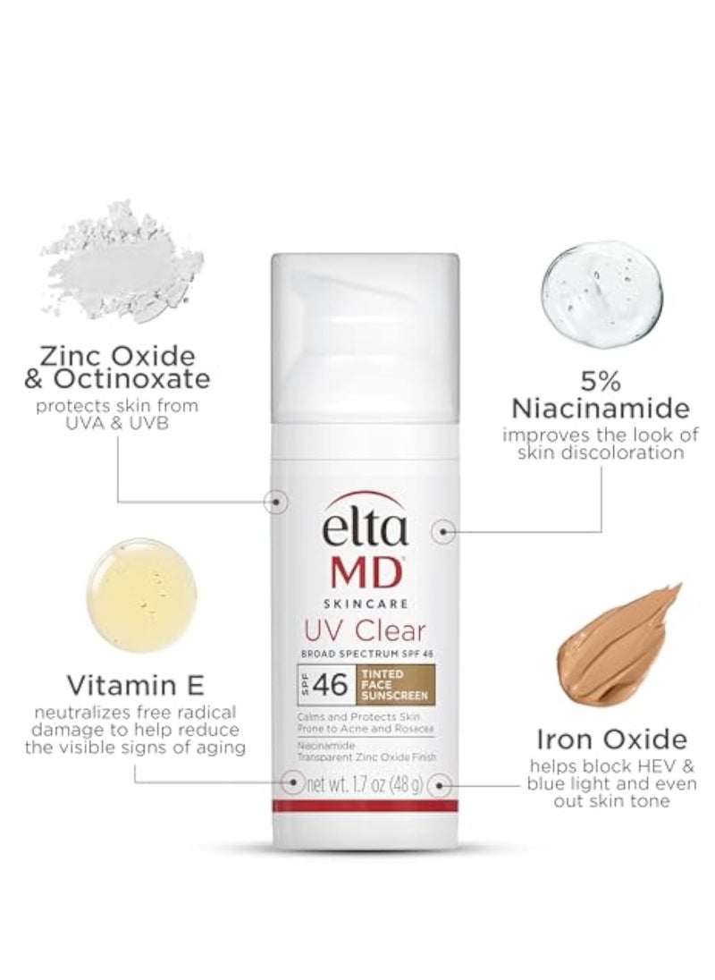 EltaMD UV Clear Facial Sunscreen SPF 46 - For Skin Types Prone To Acne, Rosacea & Hyperpigmentation - Tinted 48g/1.7oz Cream