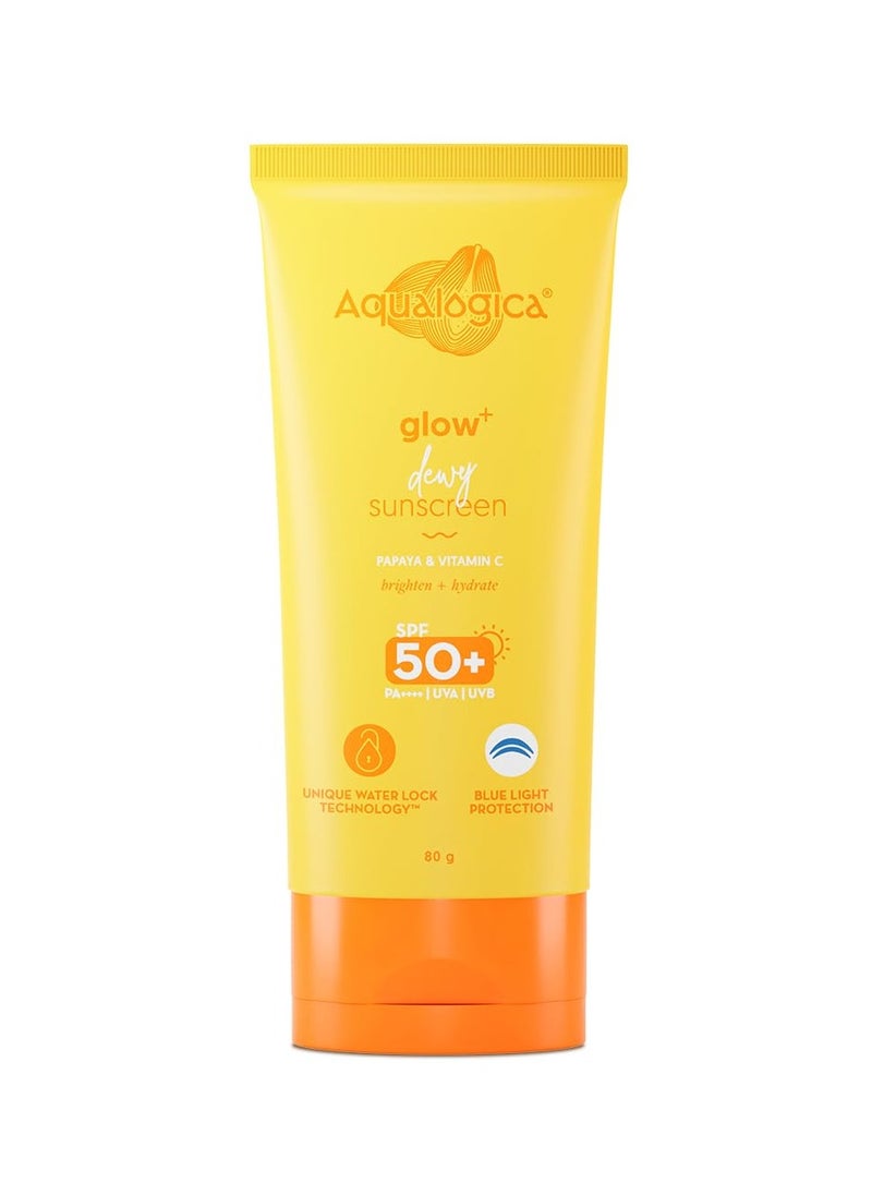 Glow+ Dewy Face Sunscreen with SPF 50+ & PA++++ | Blue Light Protection & No White Cast | Helps Give Glowing Skin with Papaya & Vitamin C | 2.82 Oz/80g