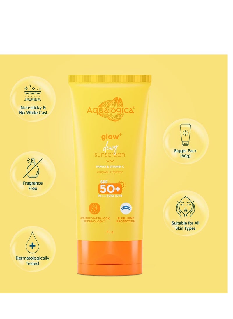 Glow+ Dewy Face Sunscreen with SPF 50+ & PA++++ | Blue Light Protection & No White Cast | Helps Give Glowing Skin with Papaya & Vitamin C | 2.82 Oz/80g