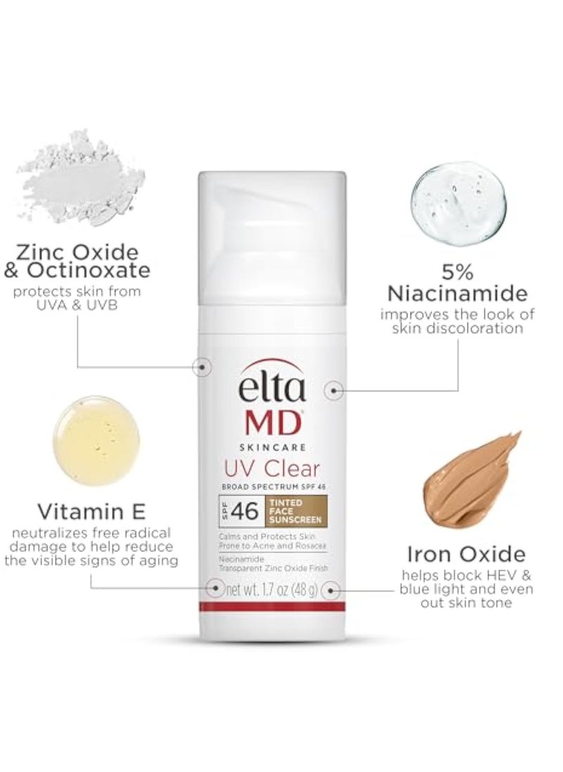 EltaMD UV Clear Facial Sunscreen SPF 46 - For Skin Types Prone To Acne, Rosacea & Hyperpigmentation - Tinted 48g/1.7oz Cream