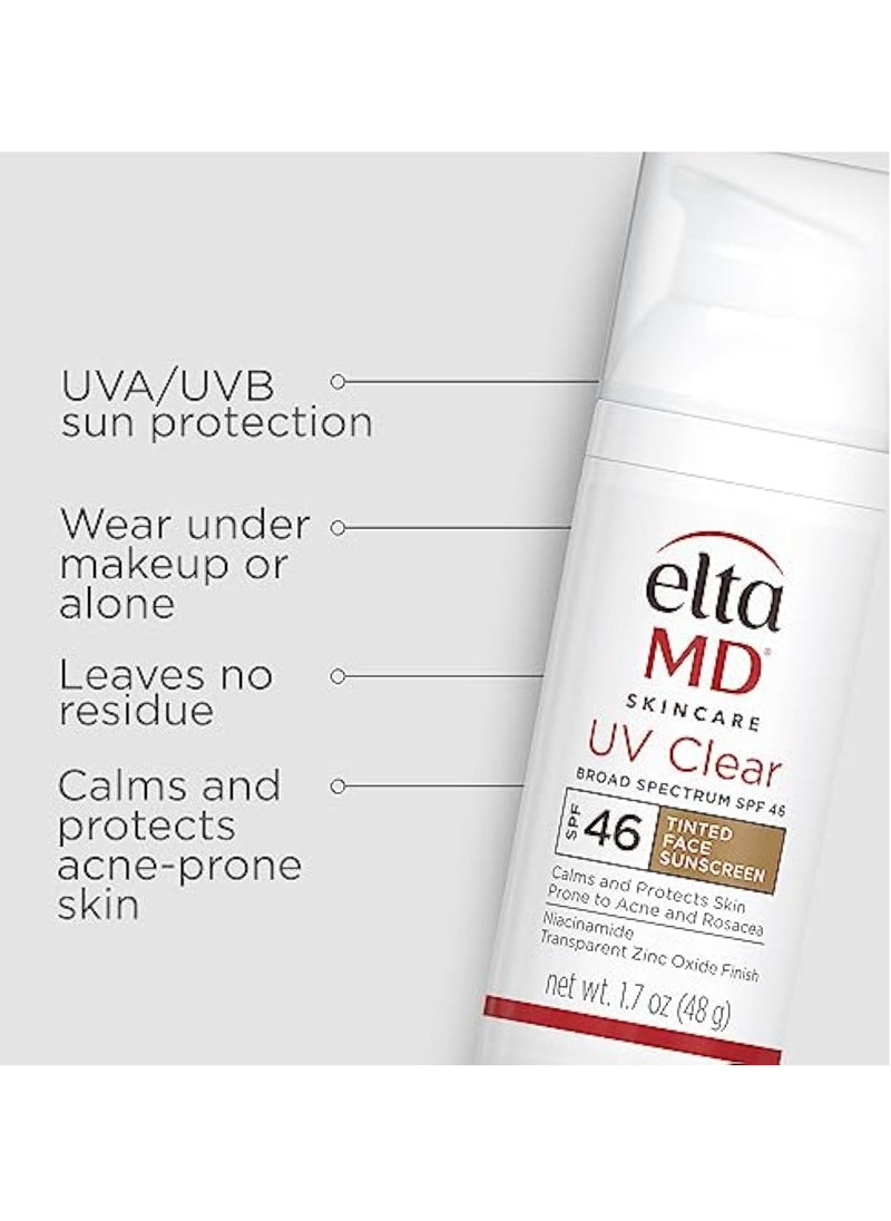 EltaMD UV Clear Facial Sunscreen SPF 46 - For Skin Types Prone To Acne, Rosacea & Hyperpigmentation - Tinted 48g/1.7oz Cream