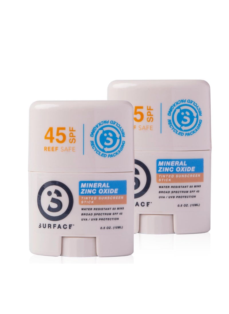 Surface Mineral Face Sunscreen Stick, Water Resistant, UVA/UVB Broad Spectrum, Fast Drying Protection, PABA Free - SPF 45 - TINTED (2 Pack)