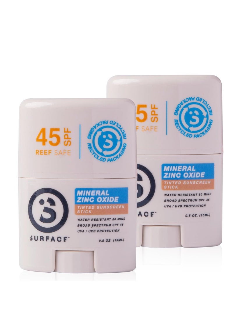 Surface Mineral Face Sunscreen Stick, Water Resistant, UVA/UVB Broad Spectrum, Fast Drying Protection, PABA Free - SPF 45 - TINTED (2 Pack)