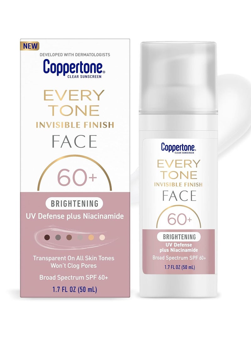 Coppertone Every Tone Invisible Finish Brightening UV Defense Face Sunscreen SPF 60+ with Niacinamide, Lightweight, Blends in Clear Sunscreen for All Skin Tones, 1.7 Fl Oz Pump Bottle