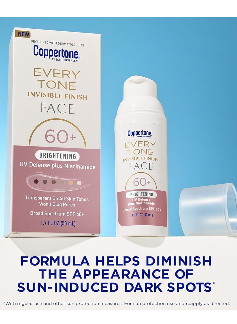 Coppertone Every Tone Invisible Finish Brightening UV Defense Face Sunscreen SPF 60+ with Niacinamide, Lightweight, Blends in Clear Sunscreen for All Skin Tones, 1.7 Fl Oz Pump Bottle