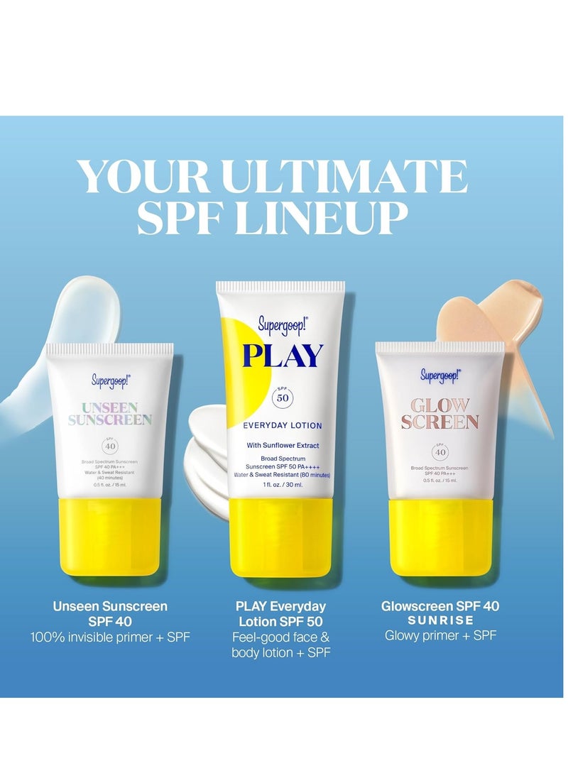 Supergoop! SPF Bestsellers Starter Set - Includes PLAY Everyday Lotion SPF 50 (1 fl oz), Unseen Sunscreen SPF 40 (0.5 fl oz) & Glowscreen SPF 40 (0.5 fl oz)