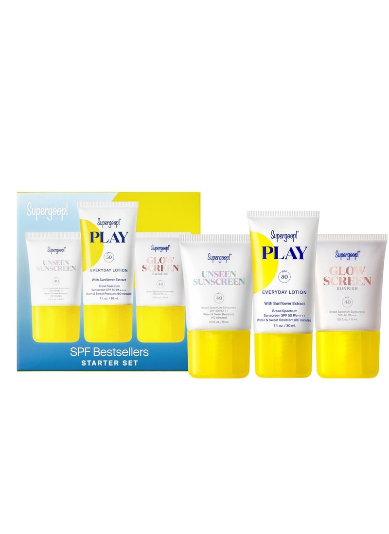 Supergoop! SPF Bestsellers Starter Set - Includes PLAY Everyday Lotion SPF 50 (1 fl oz), Unseen Sunscreen SPF 40 (0.5 fl oz) & Glowscreen SPF 40 (0.5 fl oz)