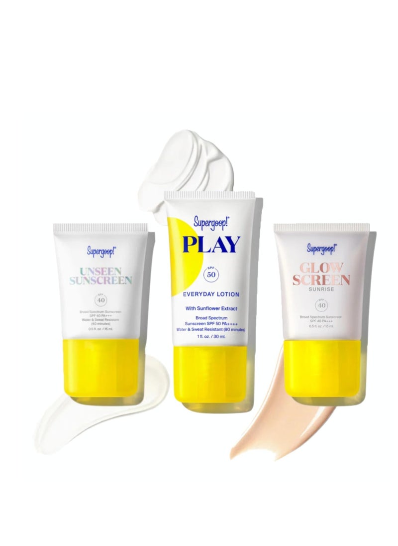 Supergoop! SPF Bestsellers Starter Set - Includes PLAY Everyday Lotion SPF 50 (1 fl oz), Unseen Sunscreen SPF 40 (0.5 fl oz) & Glowscreen SPF 40 (0.5 fl oz)