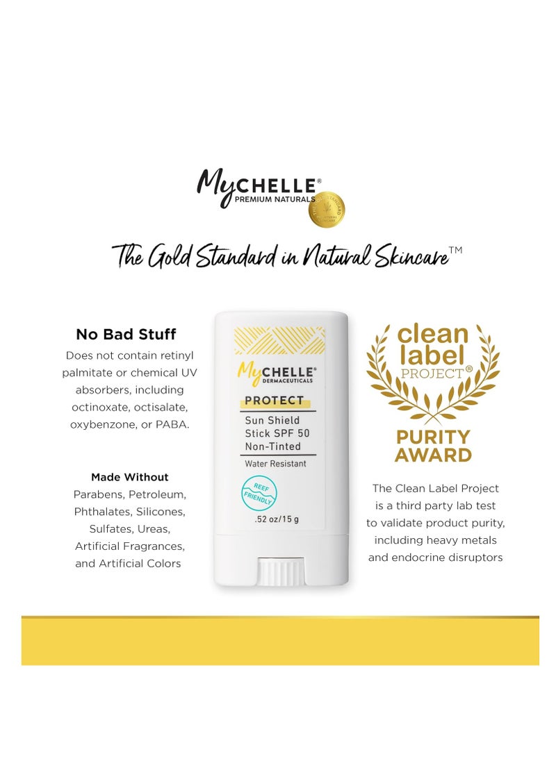 Mychelle Dermaceuticals Sun Shield Stick Spf 50 Non-Tinted - Natural Liquid Zinc Sunscreen Vitamin E and Jojoba - Water Resistant up to 80 Minutes - Sunscreen for Face, Reef Safe, Safe for Children