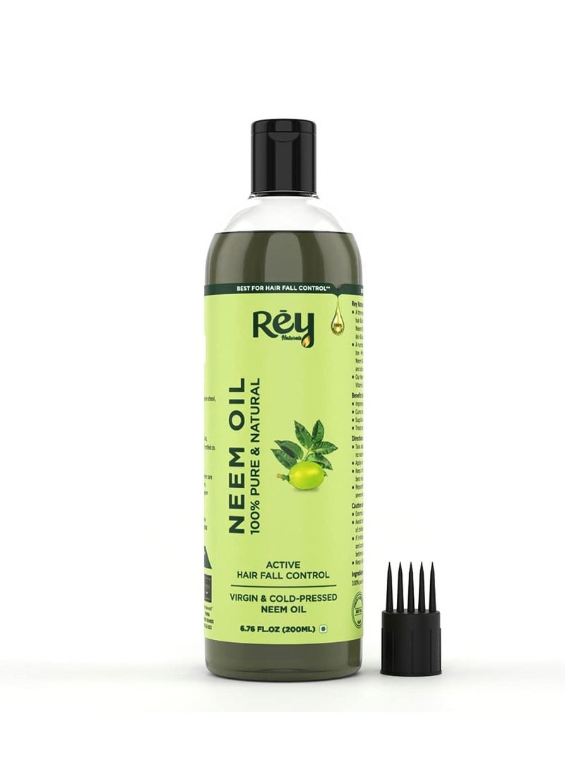 Rey Naturals Cold Pressed Pure Neem Oil For Hair Dandruff | Neem Oil For Skin | Neem Hair Oil for Hair Growth | Neem Oil For Hair Lice And Nits | Neem Oil Pure For Body Massage & Acne - 200ML