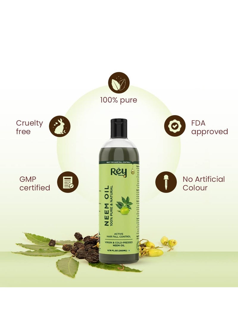 Rey Naturals Cold Pressed Pure Neem Oil For Hair Dandruff | Neem Oil For Skin | Neem Hair Oil for Hair Growth | Neem Oil For Hair Lice And Nits | Neem Oil Pure For Body Massage & Acne - 200ML