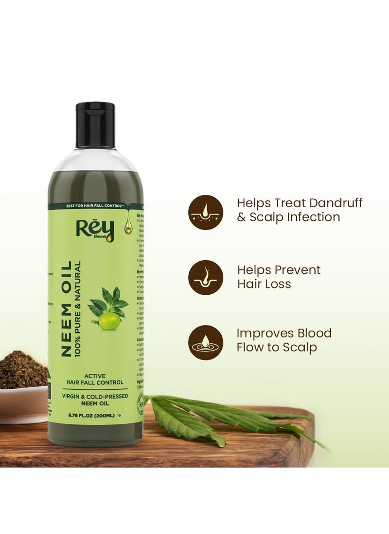 Rey Naturals Cold Pressed Pure Neem Oil For Hair Dandruff | Neem Oil For Skin | Neem Hair Oil for Hair Growth | Neem Oil For Hair Lice And Nits | Neem Oil Pure For Body Massage & Acne - 200ML