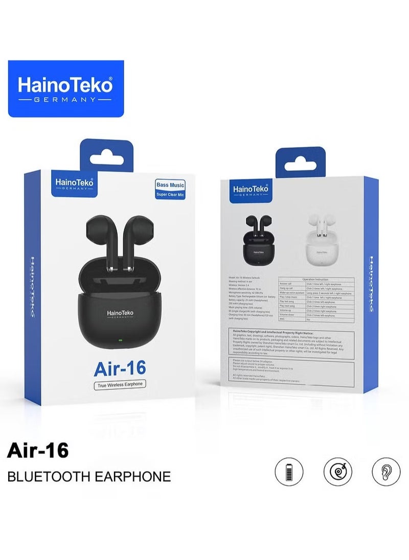 Air-16 True Wireless Earphones with Super Clear Mic – High Bass Sound Quality, Compatible with iPhone & iPads – Black