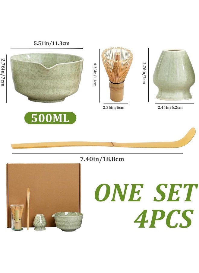 4-piece Japanese Matcha Set with Spout, Ceramic Matcha Bowl+Whisk Holder+Bamboo Whisk+Spoon,for Traditional Tea Ceremony-Coarse Ceramic Perfect Handmade Matcha Kit to Prepare Traditional Matcha Tea, 100% Natural Matcha Gift Kit (Green)