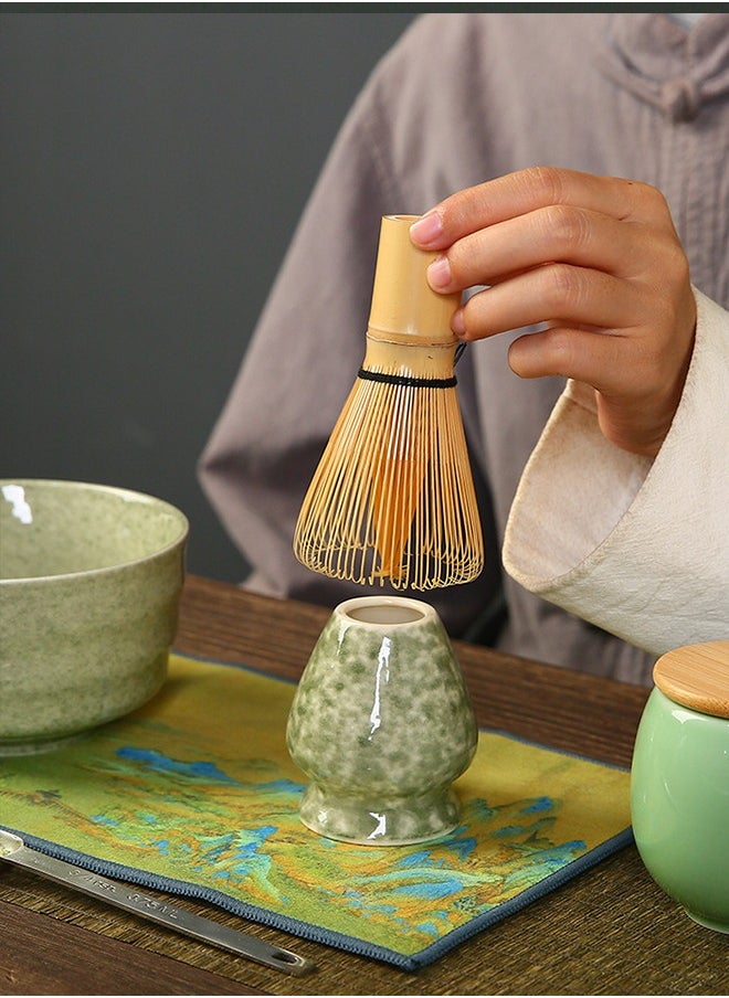 4-piece Japanese Matcha Set with Spout, Ceramic Matcha Bowl+Whisk Holder+Bamboo Whisk+Spoon,for Traditional Tea Ceremony-Coarse Ceramic Perfect Handmade Matcha Kit to Prepare Traditional Matcha Tea, 100% Natural Matcha Gift Kit (Green)