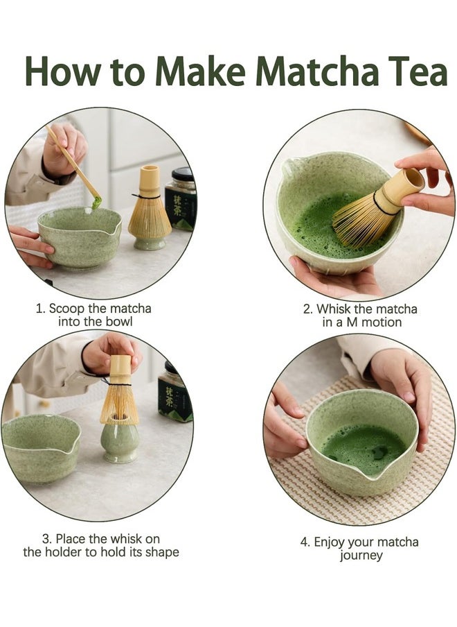 4-piece Japanese Matcha Set with Spout, Ceramic Matcha Bowl+Whisk Holder+Bamboo Whisk+Spoon,for Traditional Tea Ceremony-Coarse Ceramic Perfect Handmade Matcha Kit to Prepare Traditional Matcha Tea, 100% Natural Matcha Gift Kit (Green)