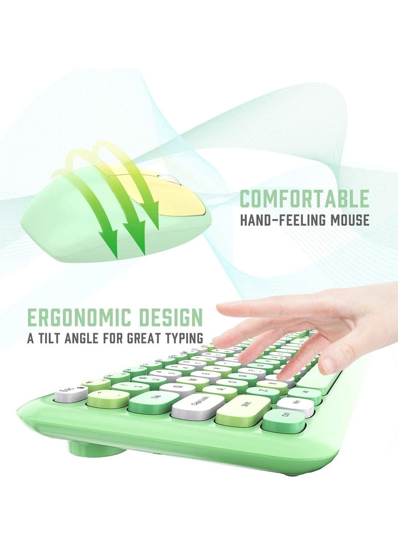 Wireless Keyboard and Mouse Combo, Cute multifunctional 110-Key Typewriter Retro Round Keycaps Keyboard, Compatible with Android, Windows, PC, and Tablet, Prefer for Home and Office Keyboards (Green)