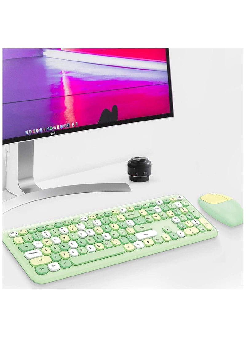 Wireless Keyboard and Mouse Combo, Cute multifunctional 110-Key Typewriter Retro Round Keycaps Keyboard, Compatible with Android, Windows, PC, and Tablet, Prefer for Home and Office Keyboards (Green)