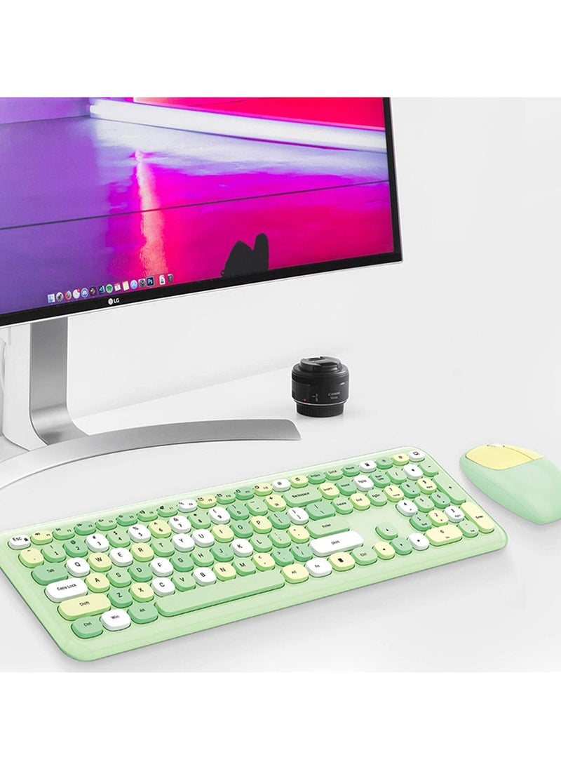Wireless Keyboard and Mouse Combo, Cute multifunctional 110-Key Typewriter Retro Round Keycaps Keyboard, Compatible with Android, Windows, PC, and Tablet, Prefer for Home and Office Keyboards (Green)