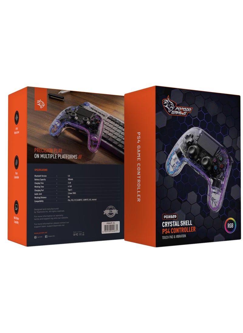 Gaming Controller with Crystal Shell for PS4 /Multi-Platform Compatibility PS3/PC (D-INPUT, X-INPUT)/ iOS/ Android/ Touch Pad and Vibration / 6-Axis Motion Sensor/ RGB Lights - Clear