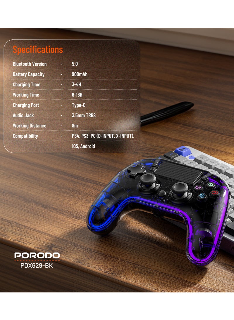 Gaming Controller with Crystal Shell for PS4 /Multi-Platform Compatibility PS3/PC (D-INPUT, X-INPUT)/ iOS/ Android/ Touch Pad and Vibration / 6-Axis Motion Sensor/ RGB Lights - Black