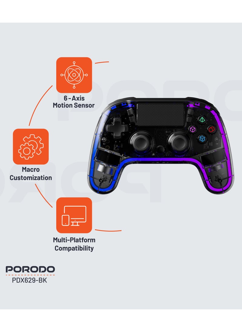 Gaming Controller with Crystal Shell for PS4 /Multi-Platform Compatibility PS3/PC (D-INPUT, X-INPUT)/ iOS/ Android/ Touch Pad and Vibration / 6-Axis Motion Sensor/ RGB Lights - Black