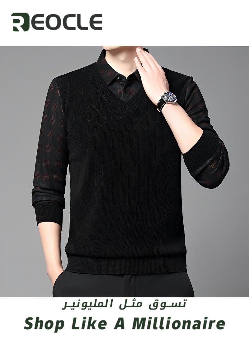 Men's Knitted Pullover Sweaters Fleece Thermal Sweater Quarter Button V Neck Lapel Fall Plaid Jumper Top Comfy Soft Sweater