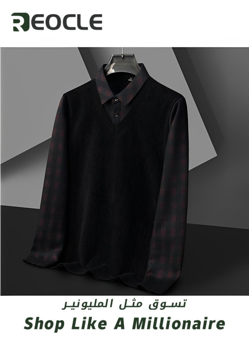 Men's Knitted Pullover Sweaters Fleece Thermal Sweater Quarter Button V Neck Lapel Fall Plaid Jumper Top Comfy Soft Sweater