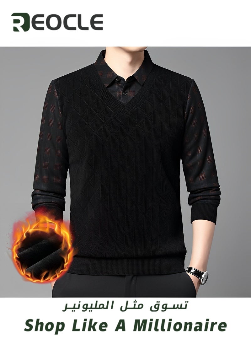 Men's Knitted Pullover Sweaters Fleece Thermal Sweater Quarter Button V Neck Lapel Fall Plaid Jumper Top Comfy Soft Sweater