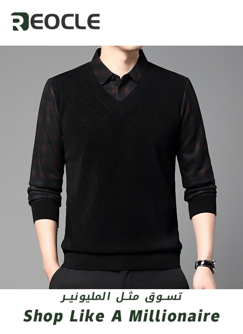 Men's Knitted Pullover Sweaters Fleece Thermal Sweater Quarter Button V Neck Lapel Fall Plaid Jumper Top Comfy Soft Sweater