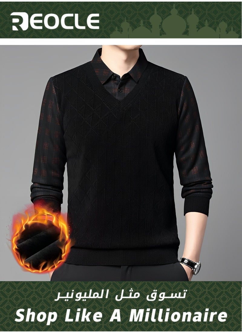 Men's Knitted Pullover Sweaters Fleece Thermal Sweater Quarter Button V Neck Lapel Fall Plaid Jumper Top Comfy Soft Sweater