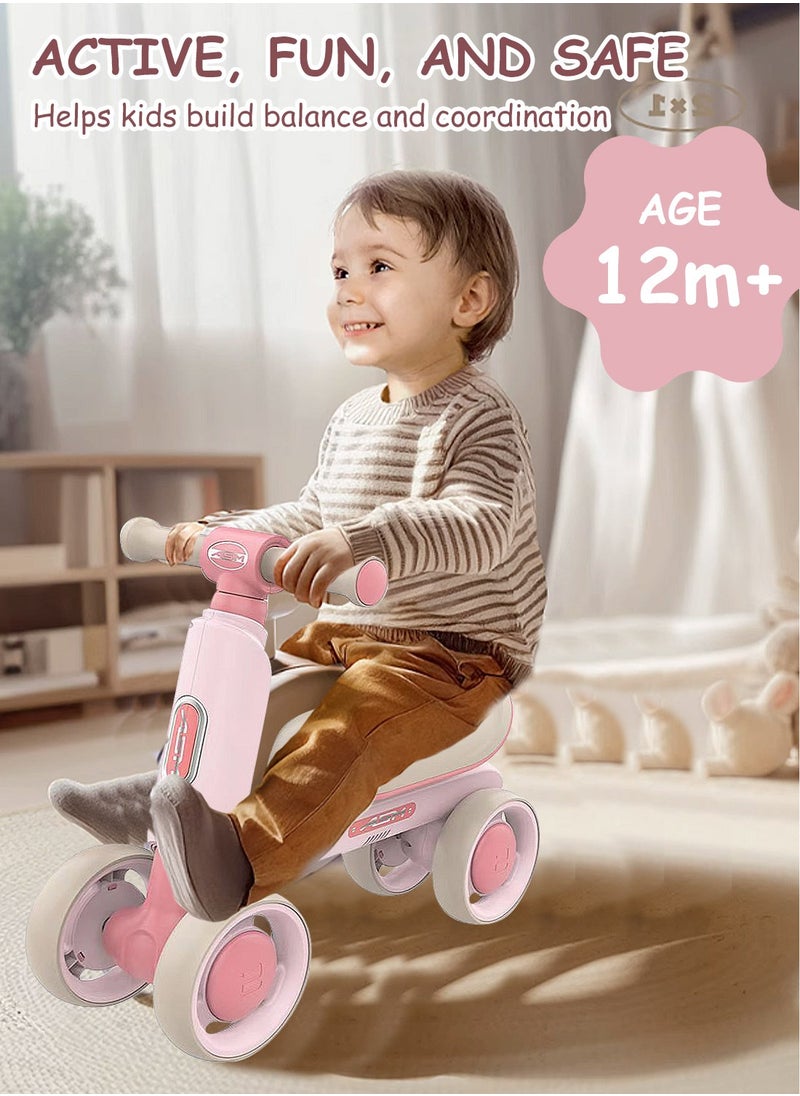 Baby Balance Bike for 1-3 Years, Kids Bike 4-wheel with Adjustable Seat, Indoor Outdoor Toddlers Riding Toys