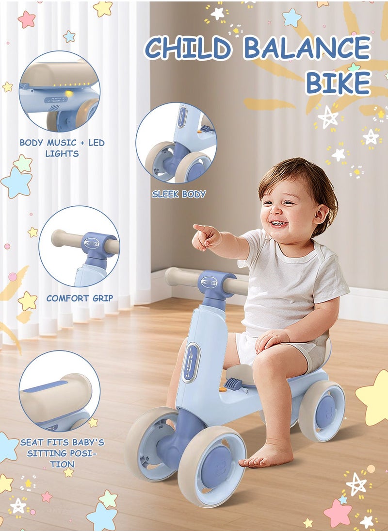 Baby Balance Bike for 1-3 Years, Kids Bike 4-wheel with Adjustable Seat, Indoor Outdoor Toddlers Riding Toys