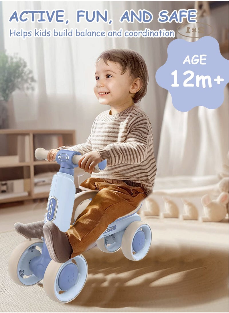 Baby Balance Bike for 1-3 Years, Kids Bike 4-wheel with Adjustable Seat, Indoor Outdoor Toddlers Riding Toys