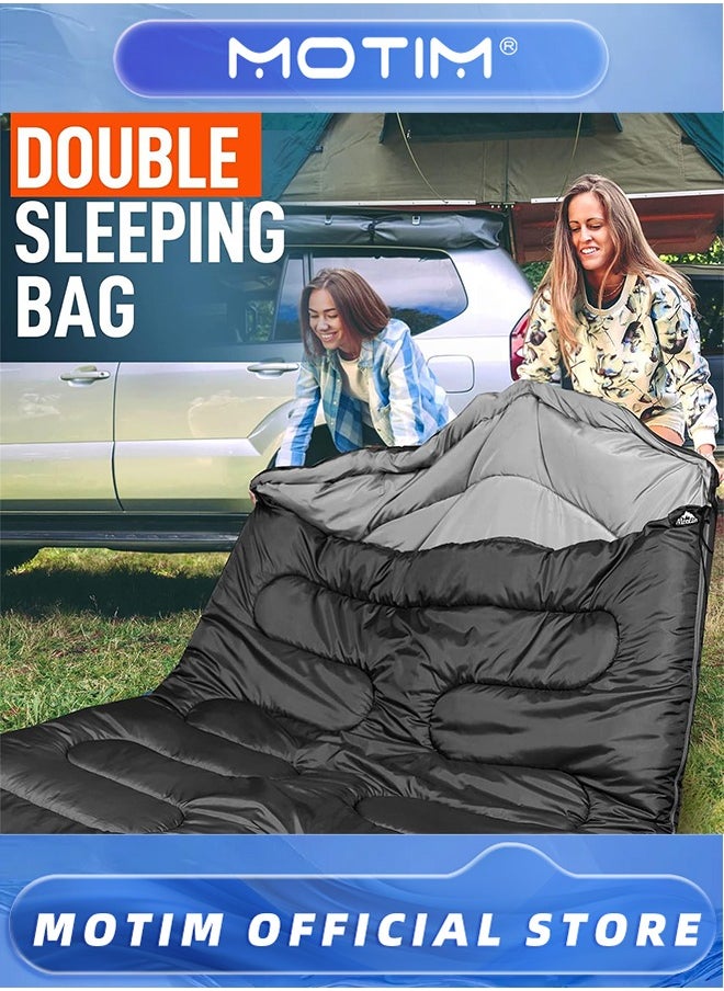 Double Sleeping Bag, Cold Weather Queen-Size Sleeping Bag with 2 Pillows for Adults 2 Person Sleeping Bag for Family Camping,Compression Sack Included Black