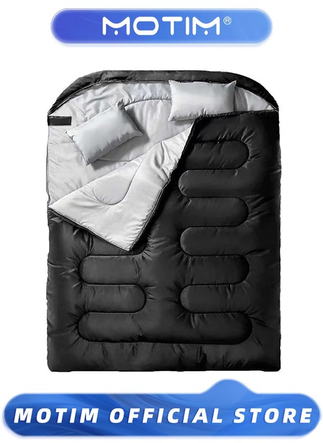 Double Sleeping Bag, Cold Weather Queen-Size Sleeping Bag with 2 Pillows for Adults 2 Person Sleeping Bag for Family Camping,Compression Sack Included Black