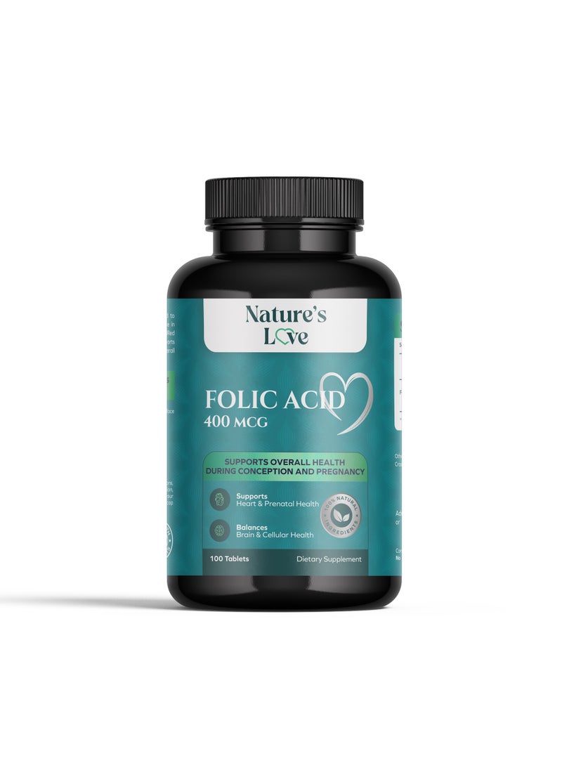 Nature's Love Folic Acid 400mcg - Essential Nutrient for Prenatal Health, Cell Growth & Heart Support - 100 Tablets