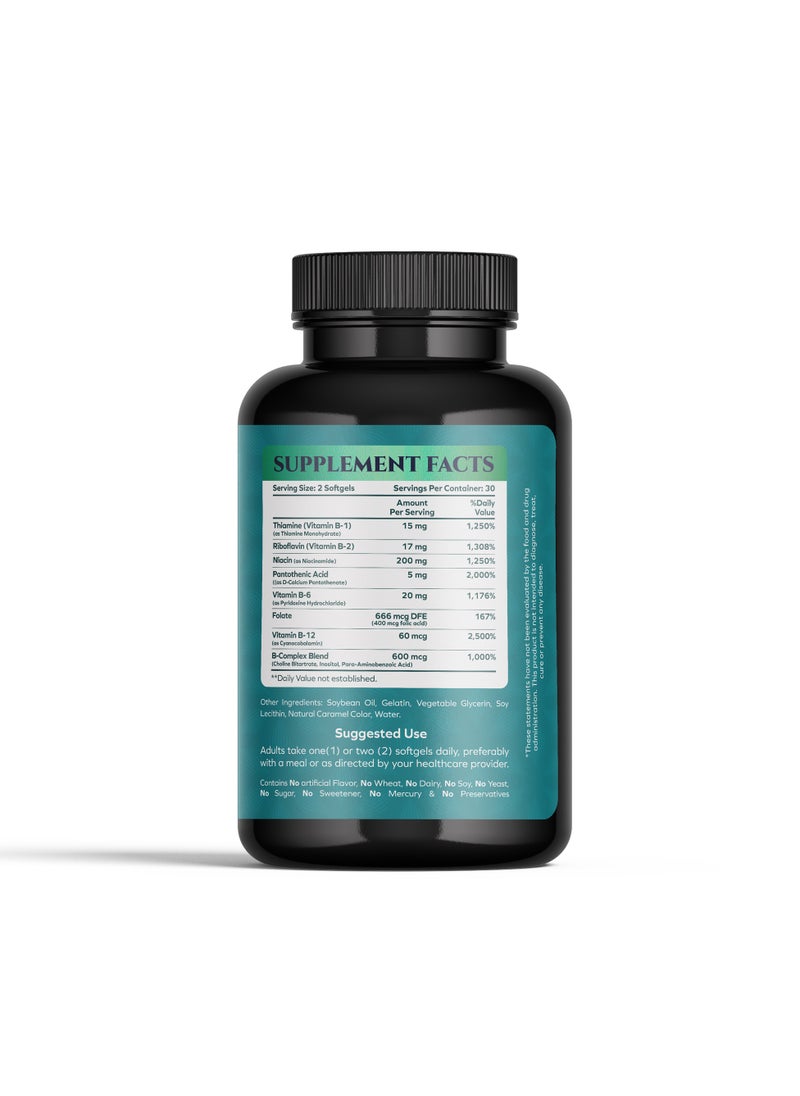 Nature's Love Complete B-Complex - Energy, Stress Relief & Metabolism Support with Essential B Vitamins - 60 Softgels