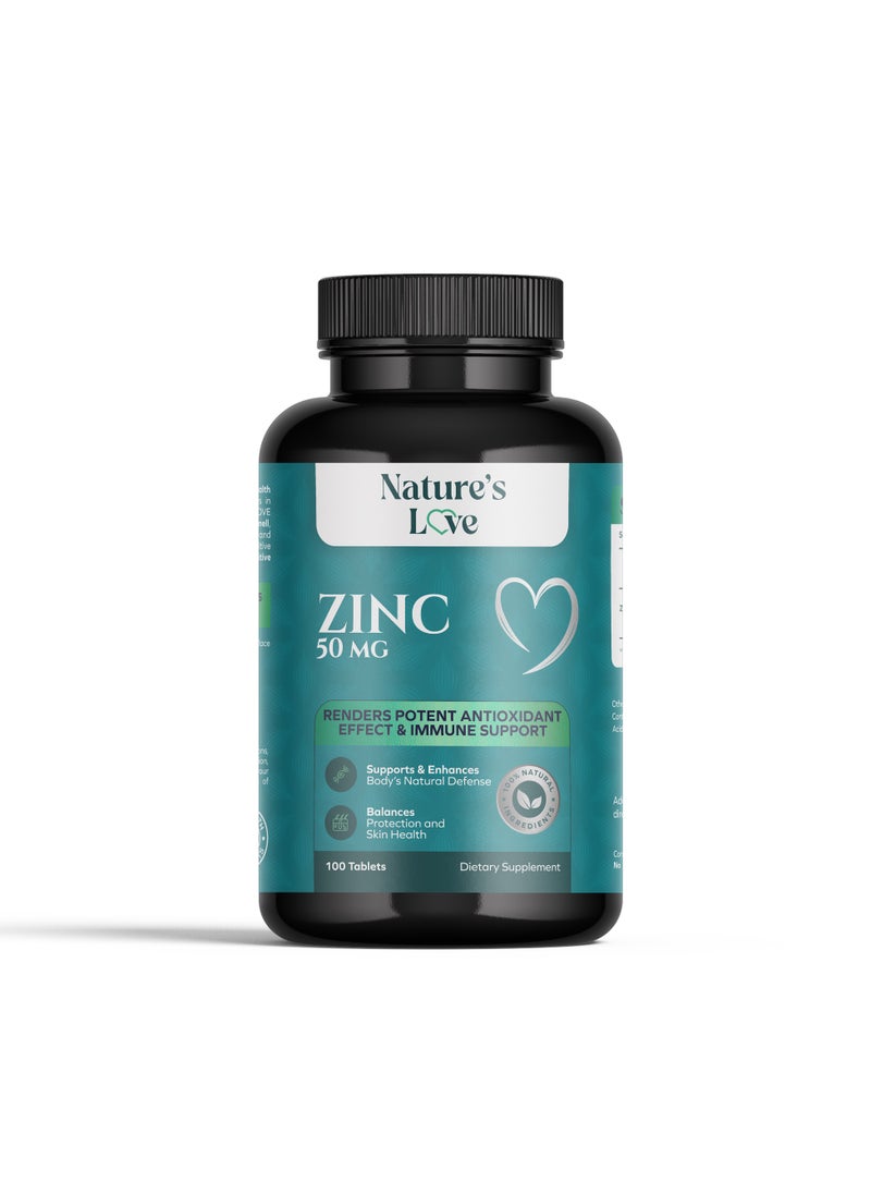 Nature's Love Zinc 50mg - Immune Support & Skin Health with Antioxidant Benefits - 100 Tablets