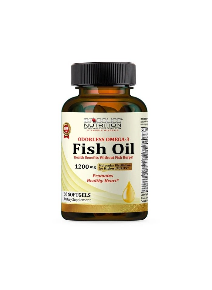 Odorless Omega 3 Fish Oil 1200 mg Promotes Heart Health - 60 Softgels