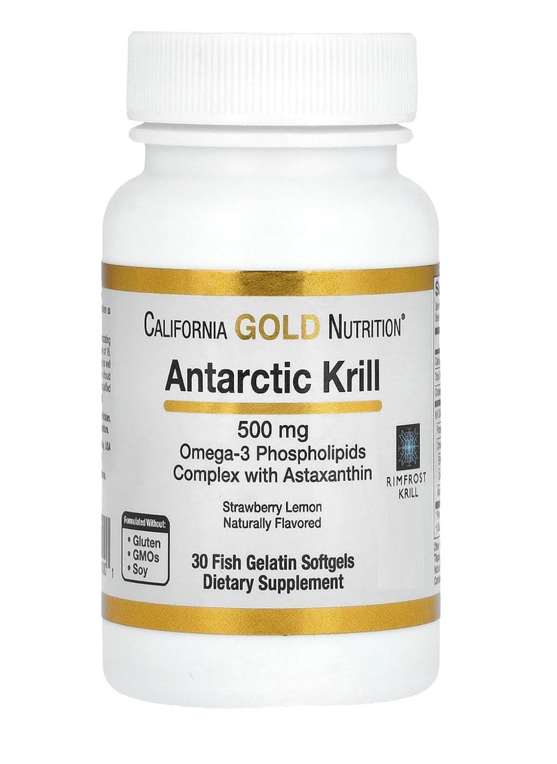 Antarctic Krill Oil, Omega-3 Phospholipids Complex with Astaxanthin, Natural Strawberry and Lemon, 500 mg, 30 Fish Gelatin Softgels