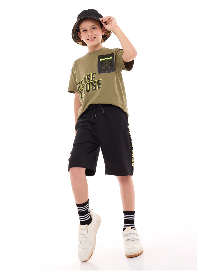 Boys' 2-Piece Outfit: Olive T-Shirt & Black Shorts (6-12 Years)