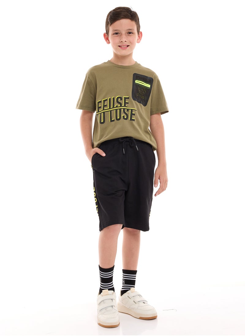 Boys' 2-Piece Outfit: Olive T-Shirt & Black Shorts (6-12 Years)