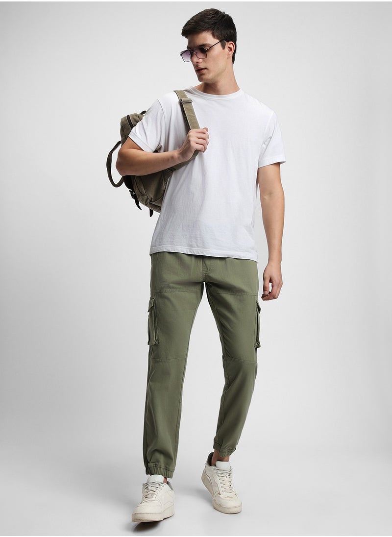 Light Olive Casual Trousers for Men, Slim Fit