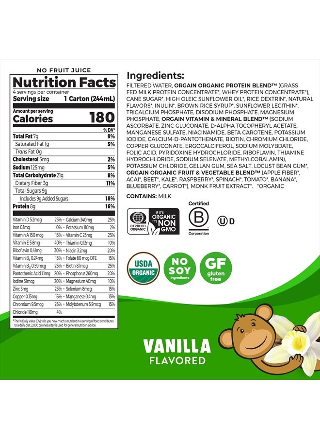 Organic Kids Nutritional Protein Shake, Vanilla, Healthy Kids Snacks, 8g Dairy Protein, 3g Fiber, 22 Vitamins & Minerals, No Soy ingredients, Gluten Free, Non-GMO, 8.25 Fl Oz (Pack of 12)