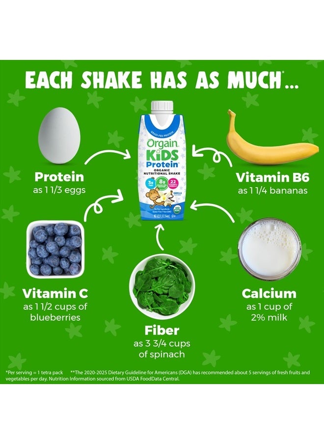 Organic Kids Nutritional Protein Shake, Vanilla, Healthy Kids Snacks, 8g Dairy Protein, 3g Fiber, 22 Vitamins & Minerals, No Soy ingredients, Gluten Free, Non-GMO, 8.25 Fl Oz (Pack of 12)