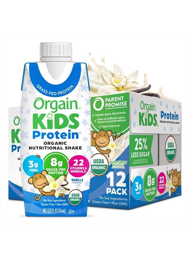 Organic Kids Nutritional Protein Shake, Vanilla, Healthy Kids Snacks, 8g Dairy Protein, 3g Fiber, 22 Vitamins & Minerals, No Soy ingredients, Gluten Free, Non-GMO, 8.25 Fl Oz (Pack of 12)